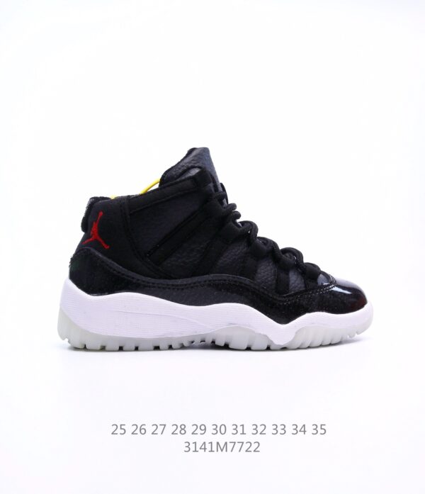 Giày Air Jordan 11 Platinum Tint trẻ em màu đen trắng logo đỏ