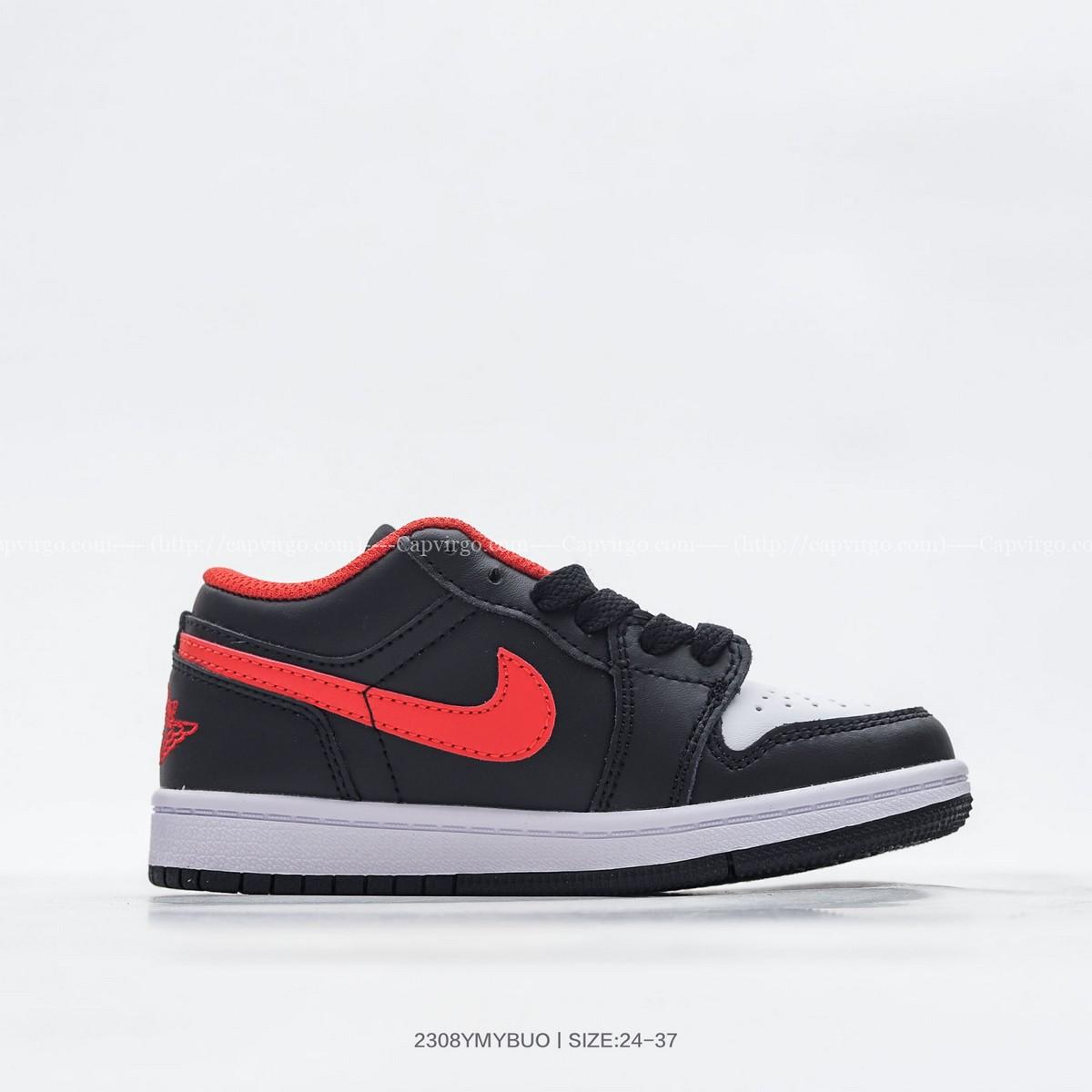 Giày Air Jordan 1 trẻ em đen mũi trắng logo đỏ