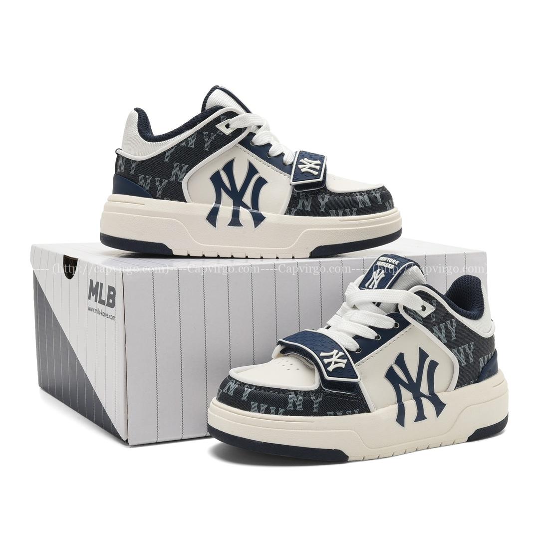 Giày MLB Chunky Liner trẻ em mix vải bò chữ NY xanh