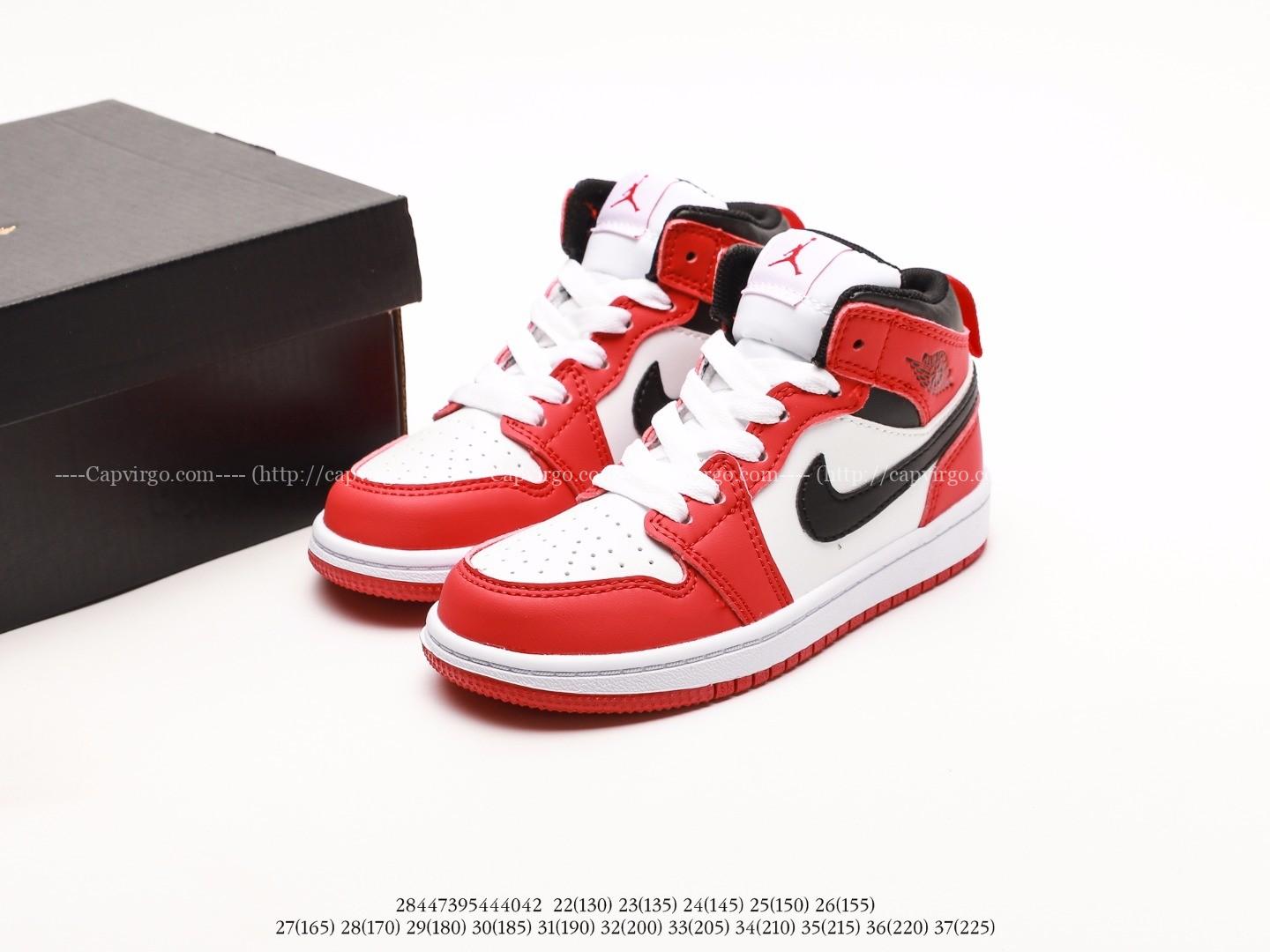 Giày Air Jordan Retro 1 trẻ em màu đỏ logo đen