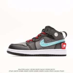 Giày Air Jordan Retro 1 trẻ em màu đen dây đỏ logo xanh