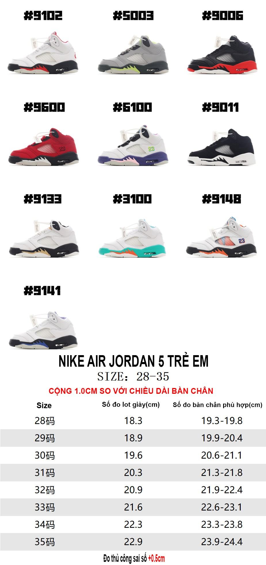 Bảng size giày air jordan 5 trẻ em